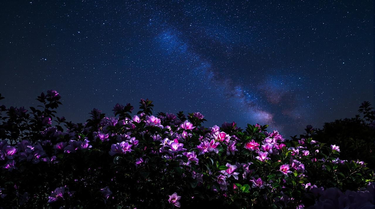 豌豆影视 - 杜鹃花夜间摄影：星空下的花语